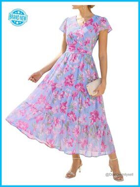 Maxi Short Sleeve Floral Dress with Pockets Flowy Wedding Guest Maxi Dress